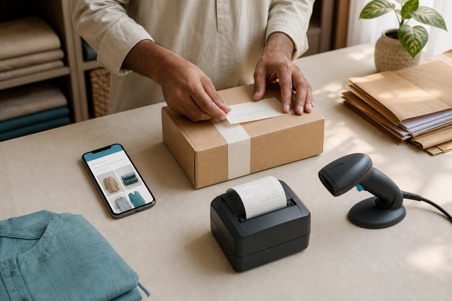 A merchant preparing an online order with a phone, parcel, receipt printer and barcode scanner