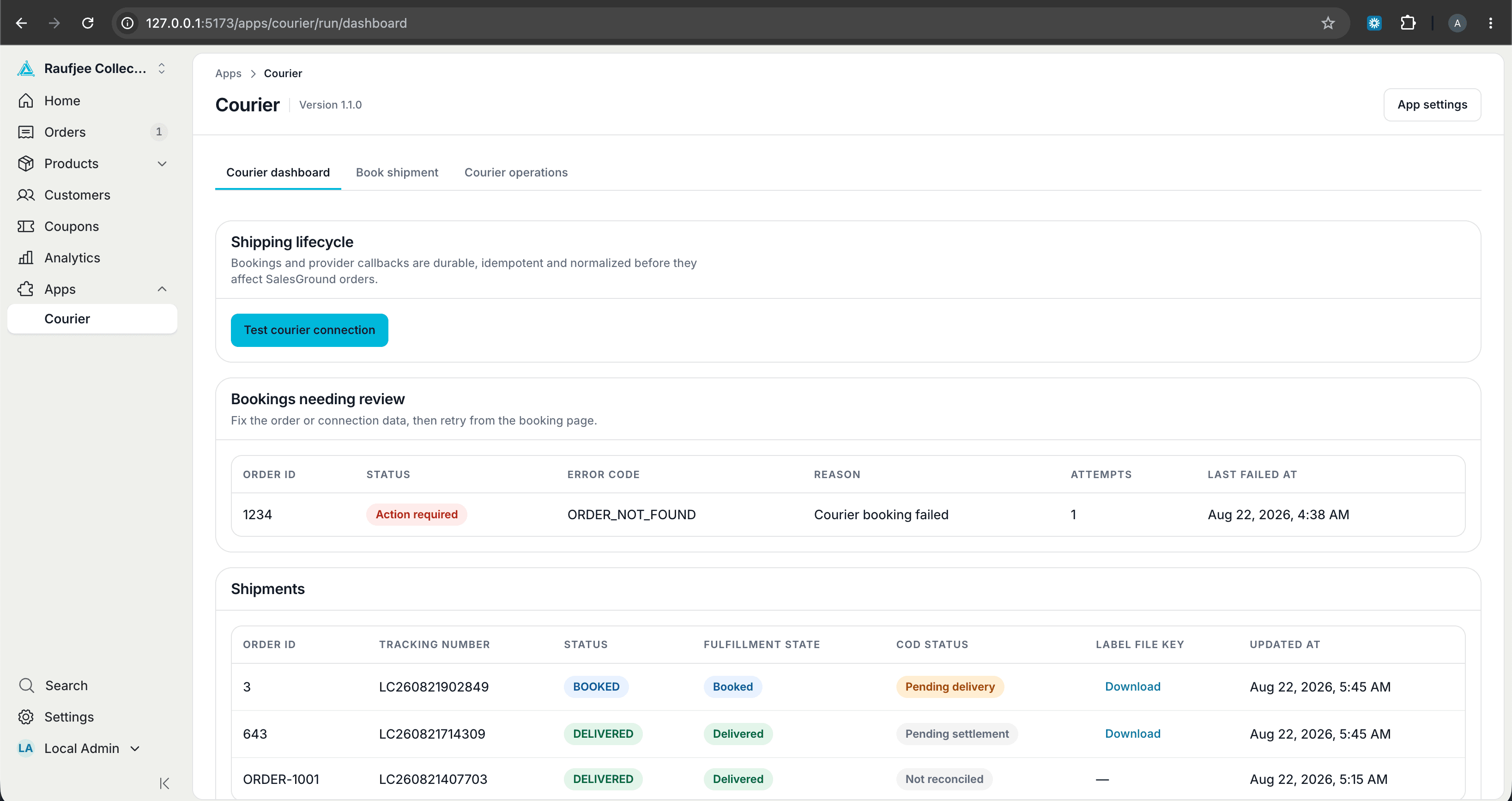 Courier app dashboard in SalesGround